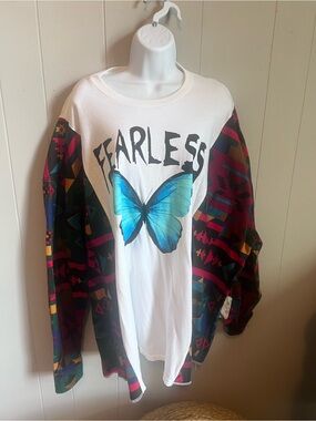 Repurposed Fearless White Sweatshirt with Blue Butterfly and Patterned Sleeves